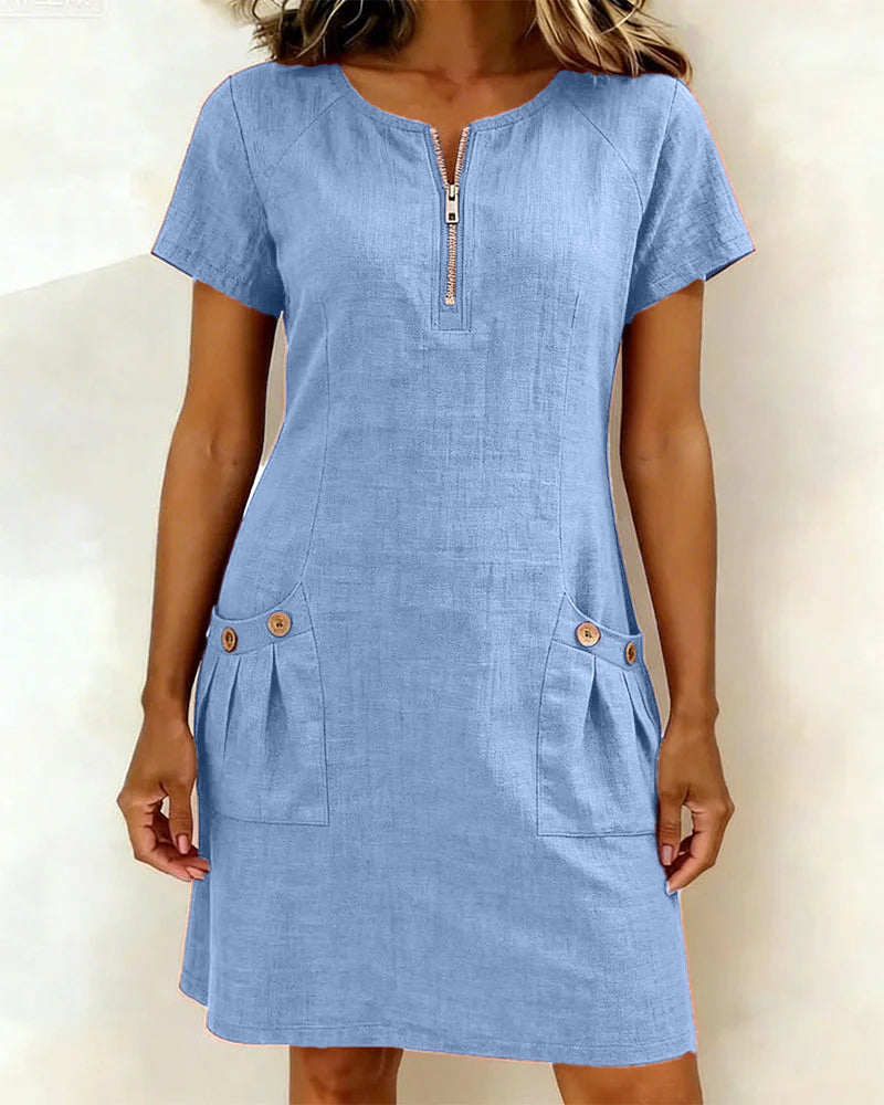 Robe Courte Femme Poches Col Zippé Moderne - PanierRoyale