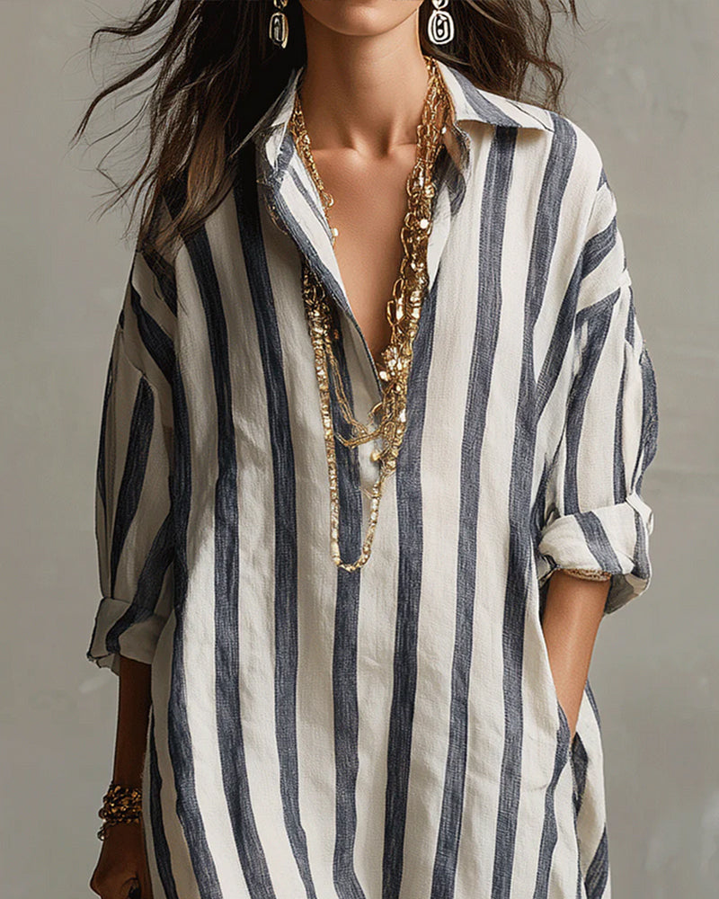 Robe maxi Femme Fluide Col Revers Manches Longues Style Décontracté
