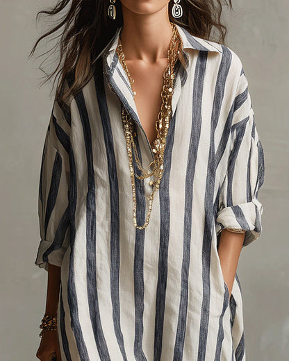 Robe maxi Femme Fluide Col Revers Manches Longues Style Décontracté