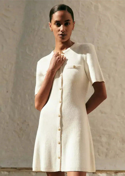 Robe Courte Femme Manches Courtes Boutons Décolleté Élégant