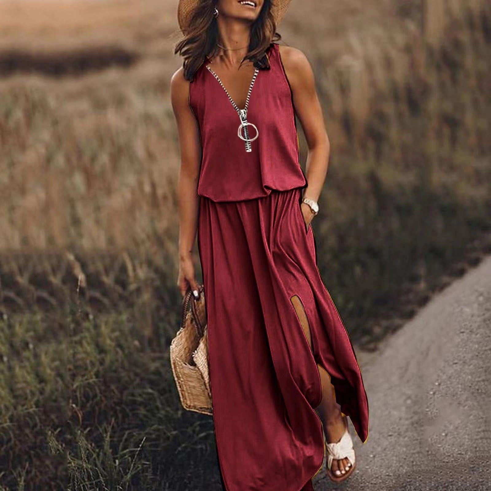 Robe Longue Femme Fluide Col V Zippée Coupe Ample Fendue - PanierRoyale
