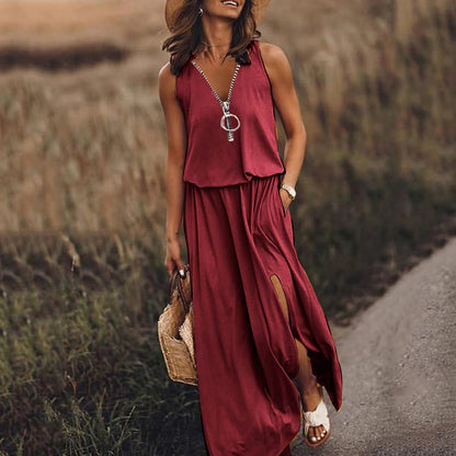 Robe Longue Femme Fluide Col V Zippée Coupe Ample Fendue - PanierRoyale