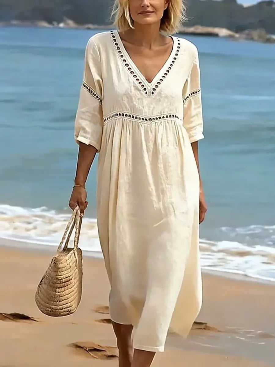 Robe Femme Coton Col V Coupe Fluide Manches Courtes