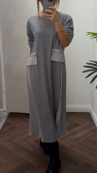Robe longue Femme Plissée Fluide Col Rond Manches Longues Poches