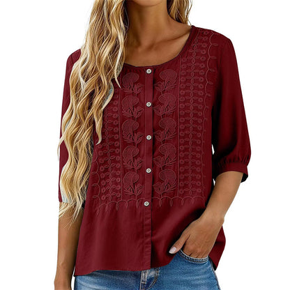 Blouse Femme Coton Lin Brodée Manches Longues