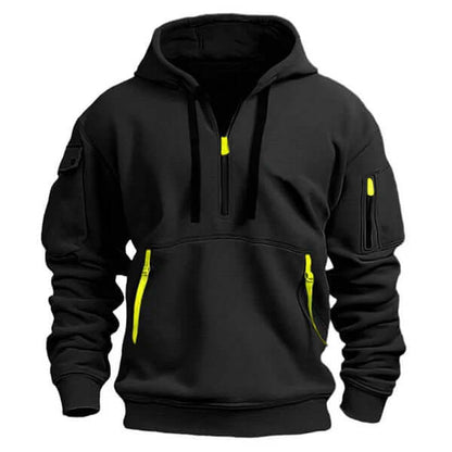 Sweat à capuche noir sport avec poches zippées et manches raglan ajustables