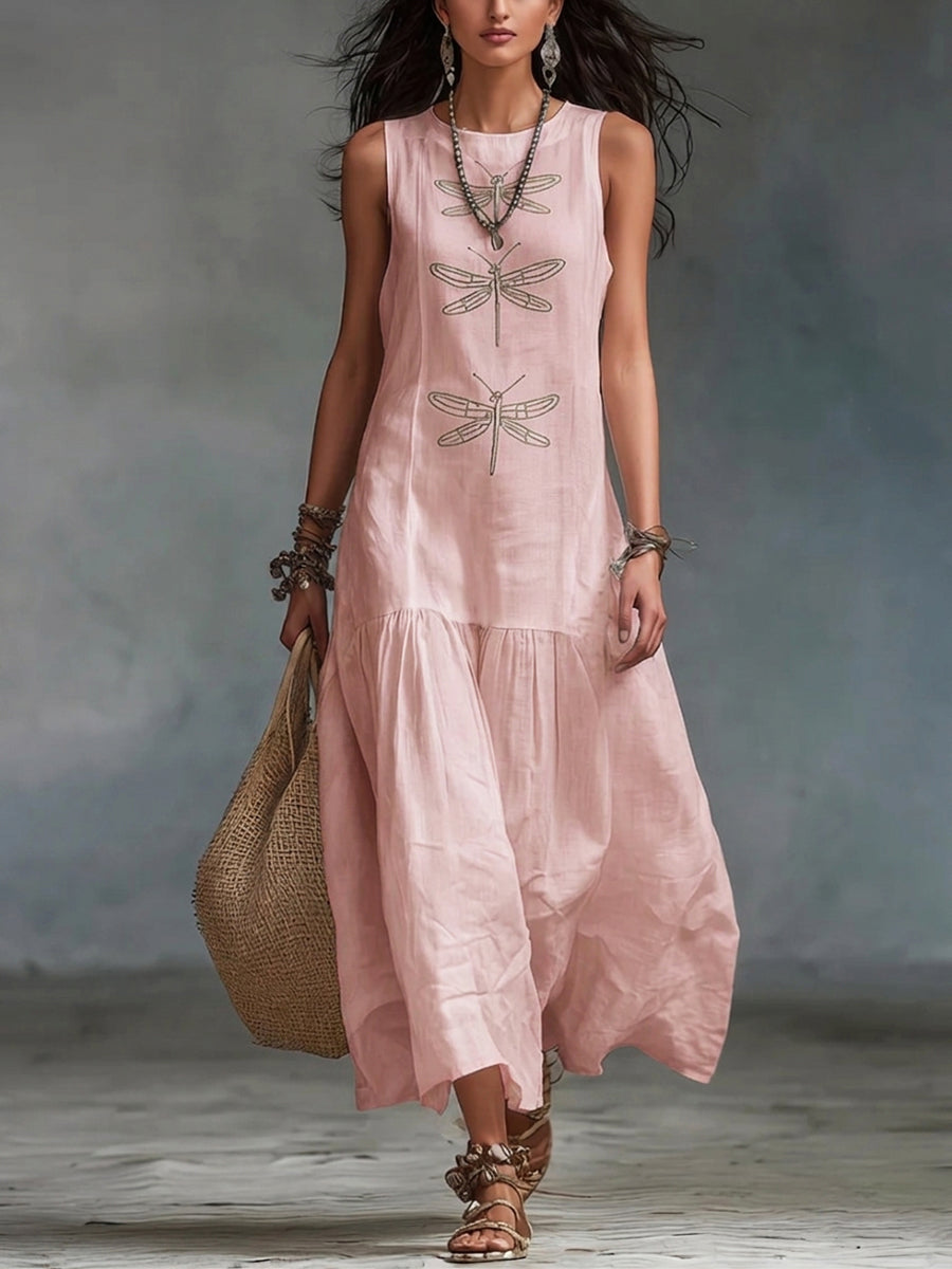 Robe longue Femme Coton Lin Broderie Libellule