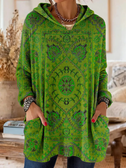 Tunique Femme Tricot Capuche Style Rétro Coupe Ample Poches