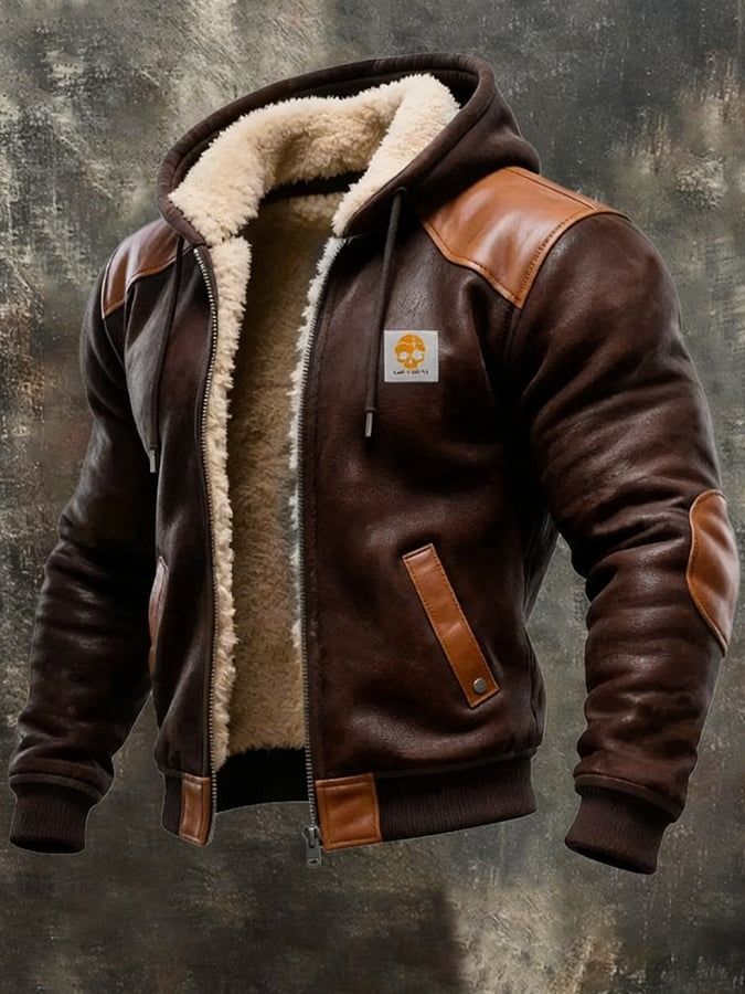Veste Daim et Cuir Capuche Style Rétro Coupe Chaude