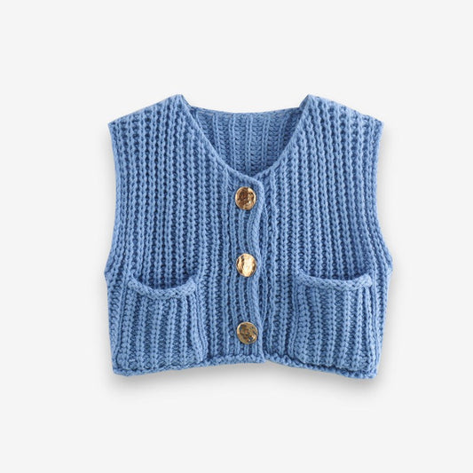 Gilet Femme Élégant Col V Boutons Dorés - PanierRoyale