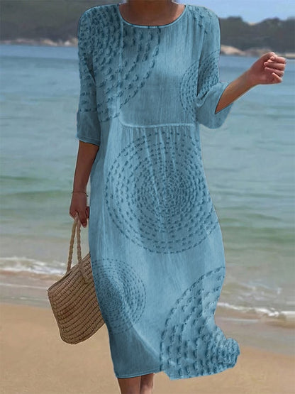 Robe midi Femme Coton Lin Fluide Manches Courtes Décontractée