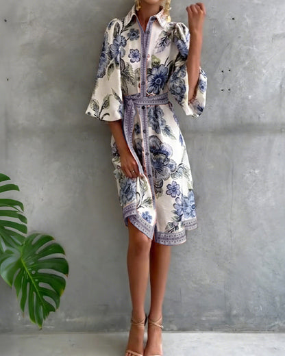Robe Femme Imprimé Floral Manches Lanternes Boutons