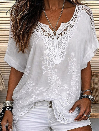 Blouse Femme Broderie Dentelle Florale Coupe Fluide