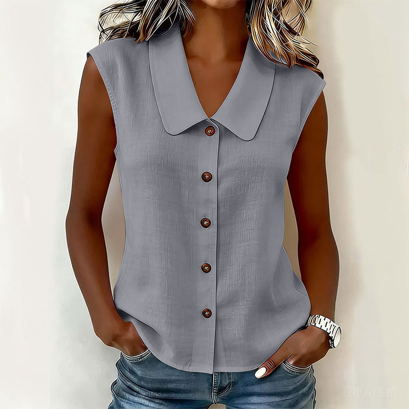 Chemisier Femme Sans Manches Col en V Boutons Manches Courtes