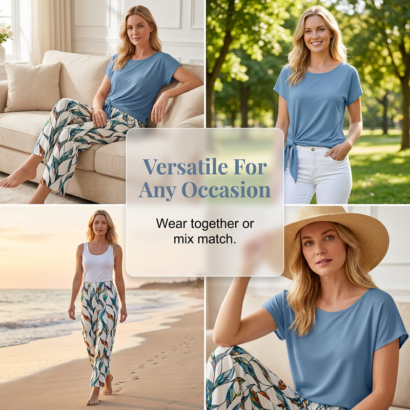 Ensemble Deux Pièces Femme Noué et Pantalon Fluide Imprimé