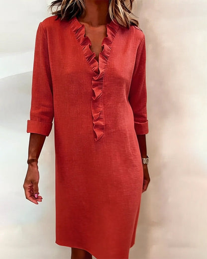 Robe Femme Col en V Volants Coupe Droite Décontractée