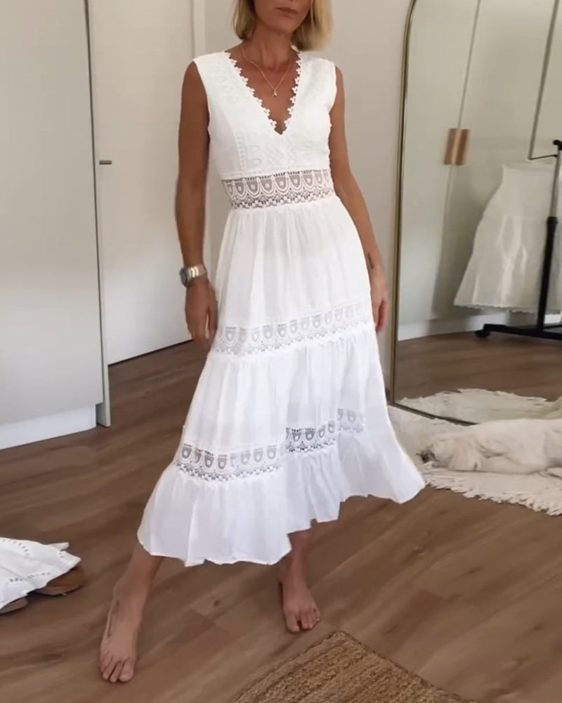 Robe Midi Femme Dentelle Col V Coupe Fluide Sans Manches - PanierRoyale