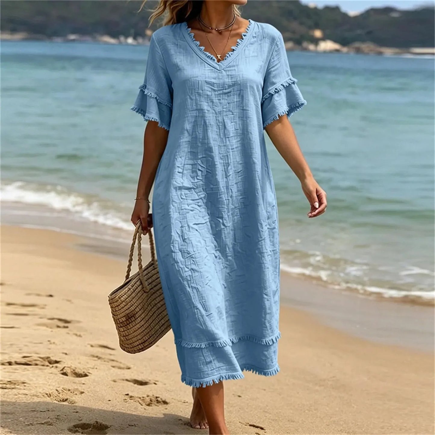 Robe Femme Fluidité Bohème Col en V avec Franges