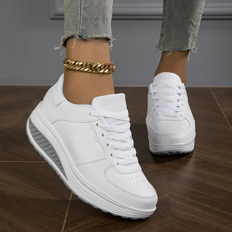 Baskets Femme Cuir Synthétique Semelle Compensée Lacets Minimalistes - PanierRoyale