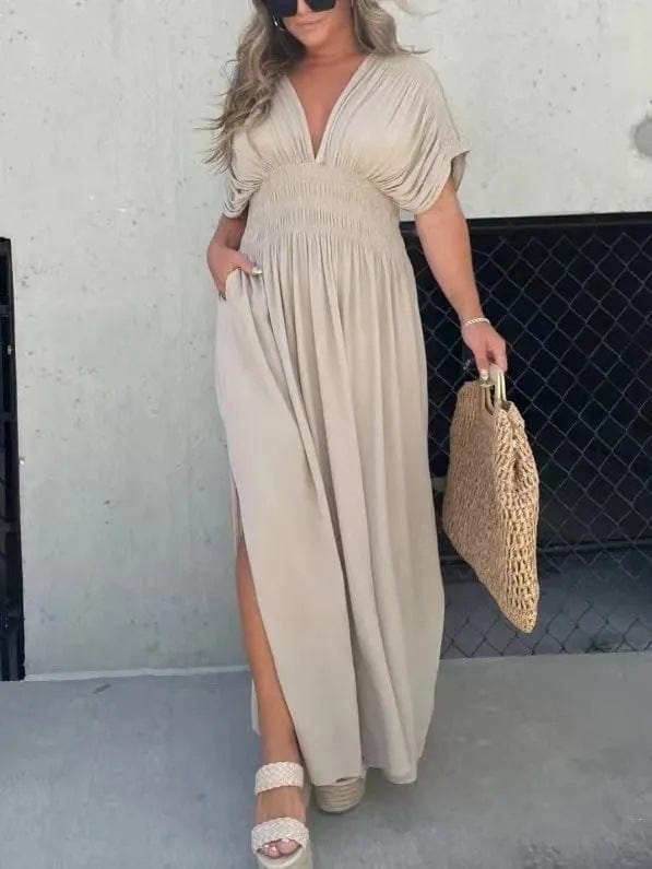 Robe Été Femme Longue Bohème avec Fente et Décolleté en V