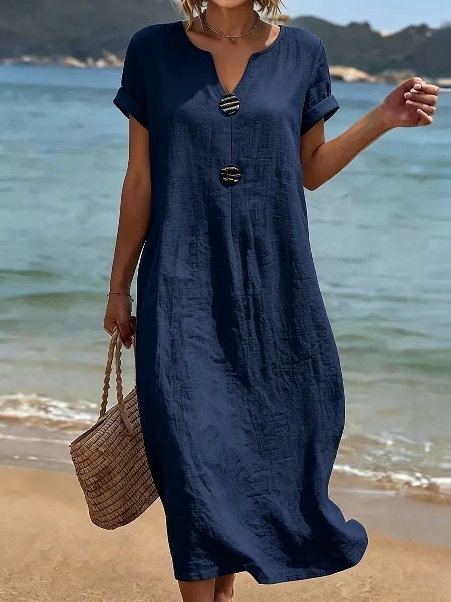 Robe longue Femme Coupe ample Col fendu Boutons décoratifs