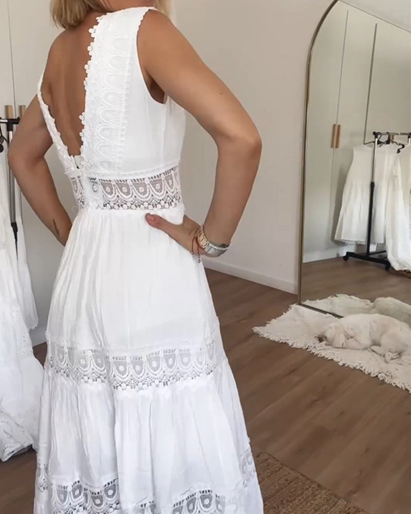 Robe midi Femme Dentelle Col en V Sans Manches Fluide