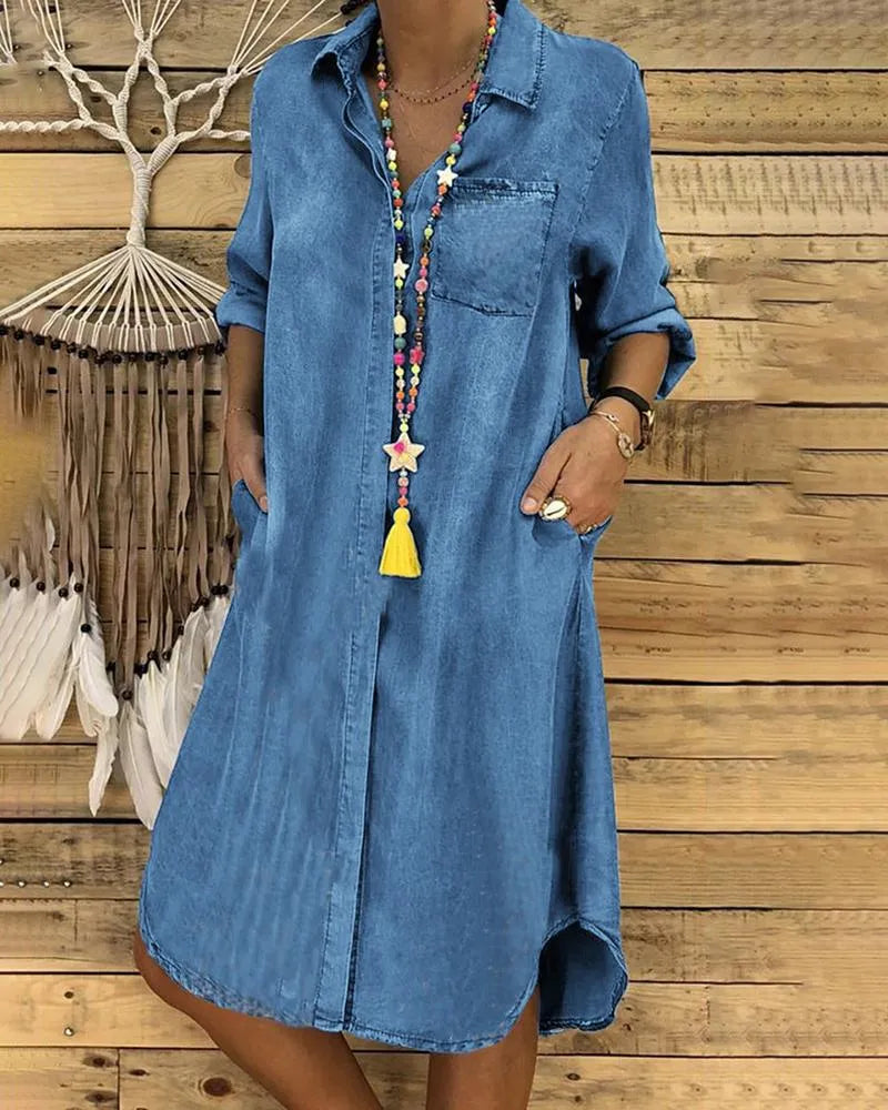 Robe Chemise Femme en Jean Coupe Ample Manches Longues - PanierRoyale