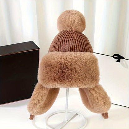 Bonnet Femme Hiver Chaud avec Oreilles Protégées et Pompon Coloré