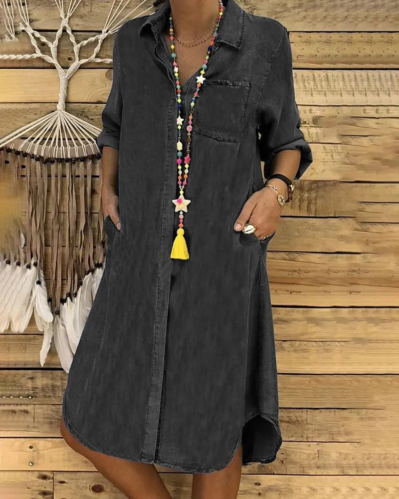 Robe Chemise Femme en Jean Coupe Ample Manches Longues
