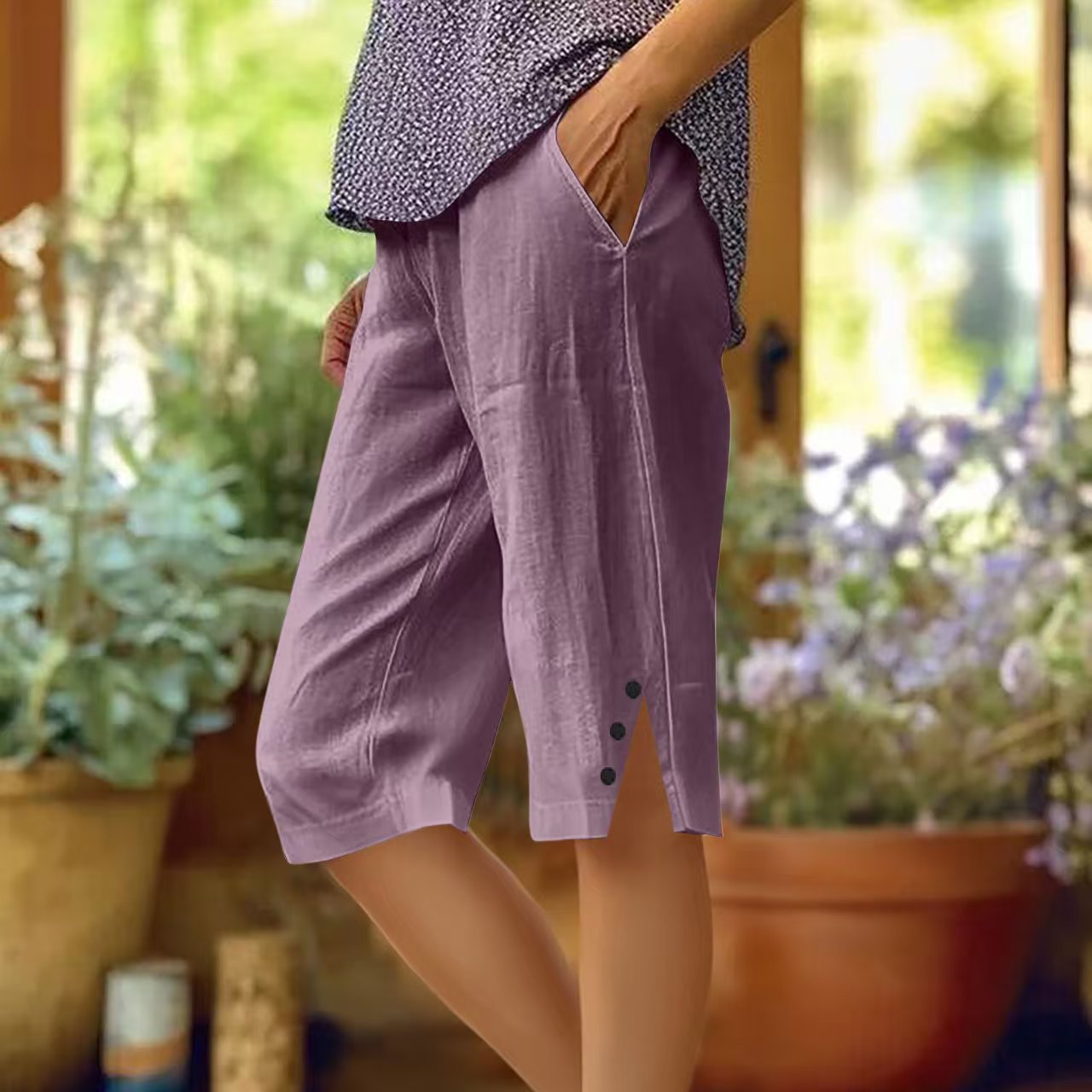 Pantalon Capri Femme Uni Poches Latérales
