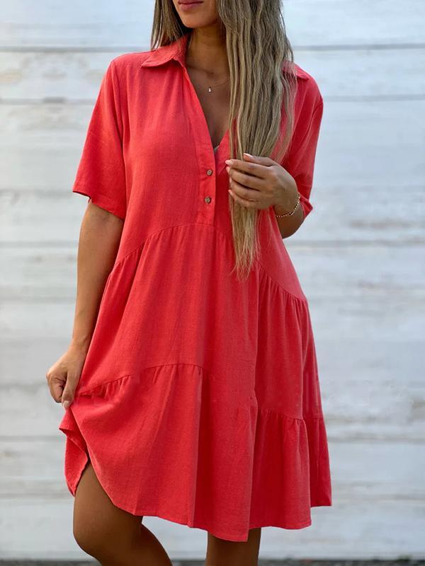 Robe Courte Femme Lin Coton Coupe Ample Col V Boutonnée