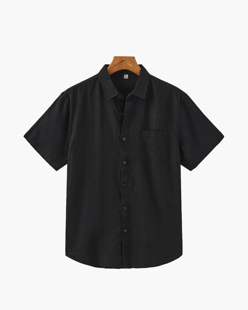 Chemise Homme Lin Coton Court Manches avec Poche Poitrine