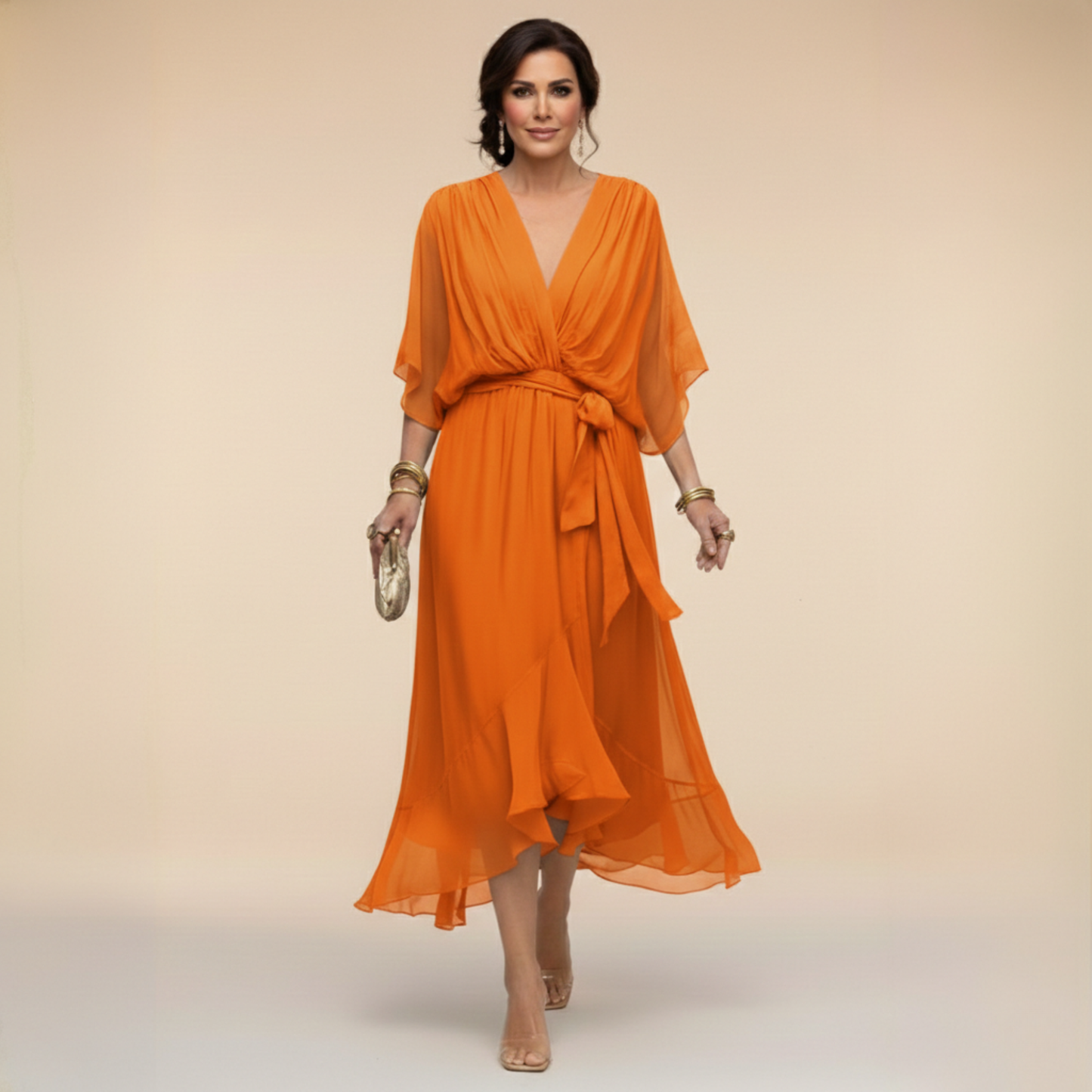 Robe Femme Chiffon Fluide Col en V Ceinturée