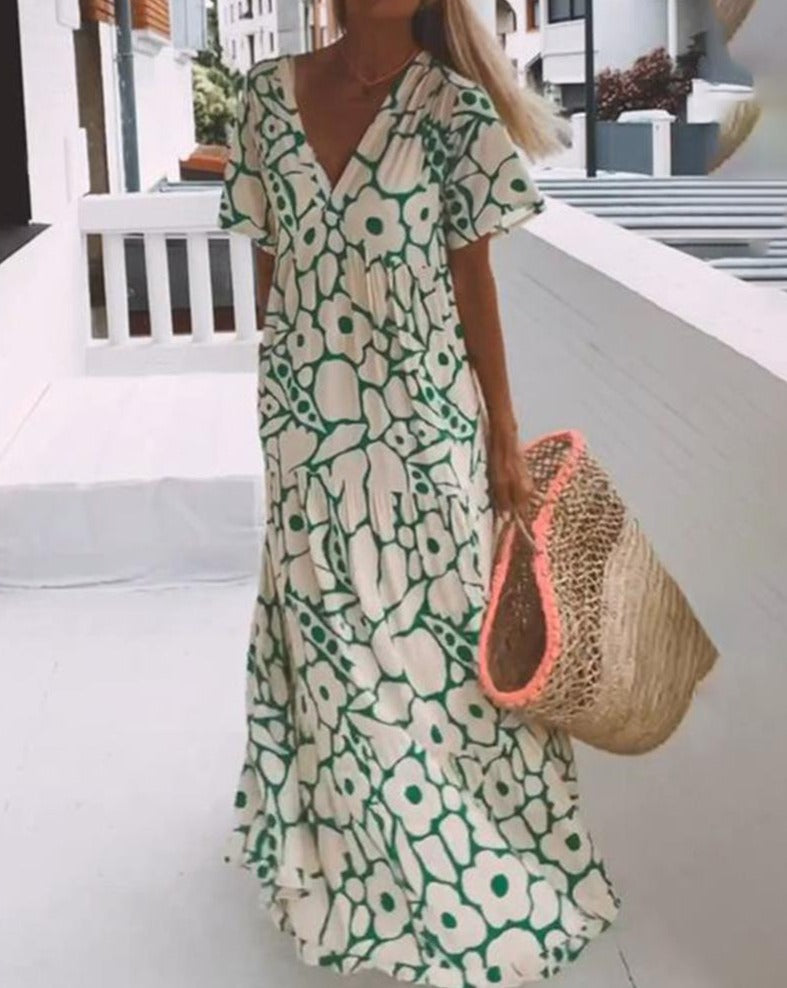 Robe Été Floral pour Femme - Imprimé Vert et Crème Courte Manche
