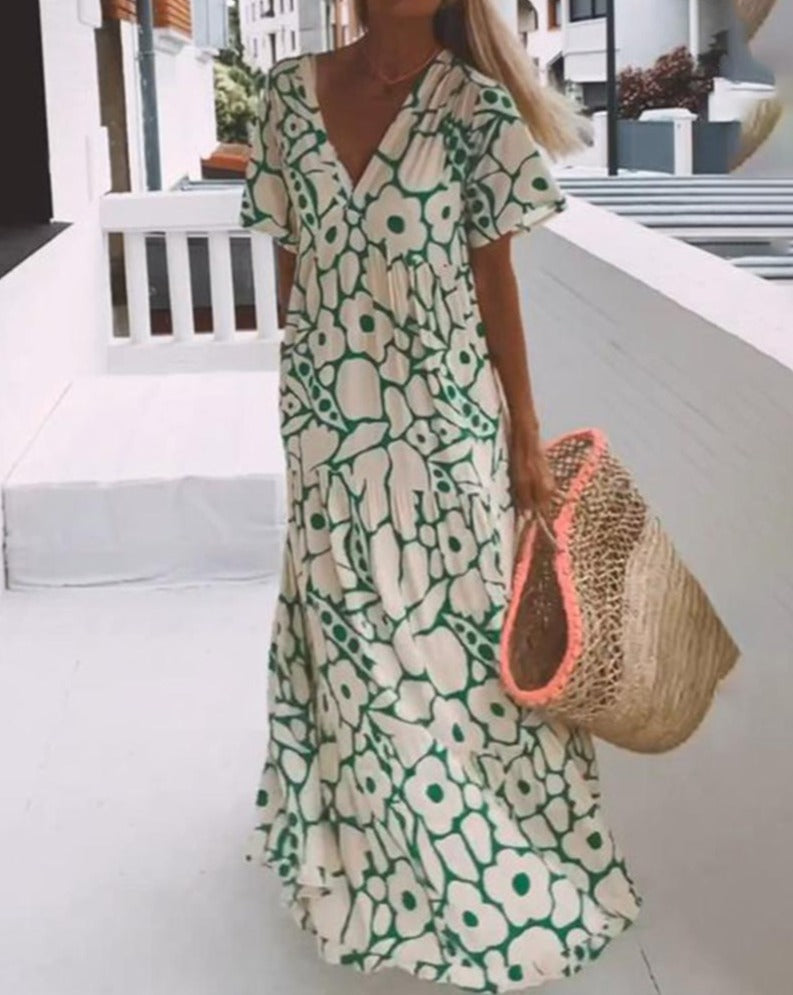 Robe Été Floral pour Femme - Imprimé Vert et Crème Courte Manche - PanierRoyale