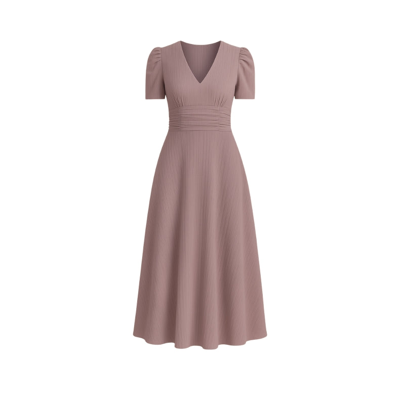 Robe Chic Mi-Longue Col V Manches Bouffantes Femmes