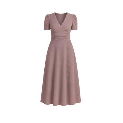 Robe Chic Mi-Longue Col V Manches Bouffantes Femmes