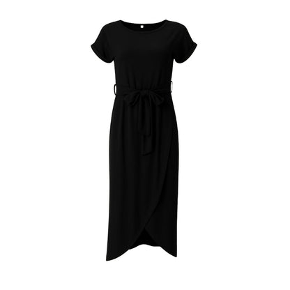 Robe Été Courte Manches Courtes avec Ceinture Tailleur