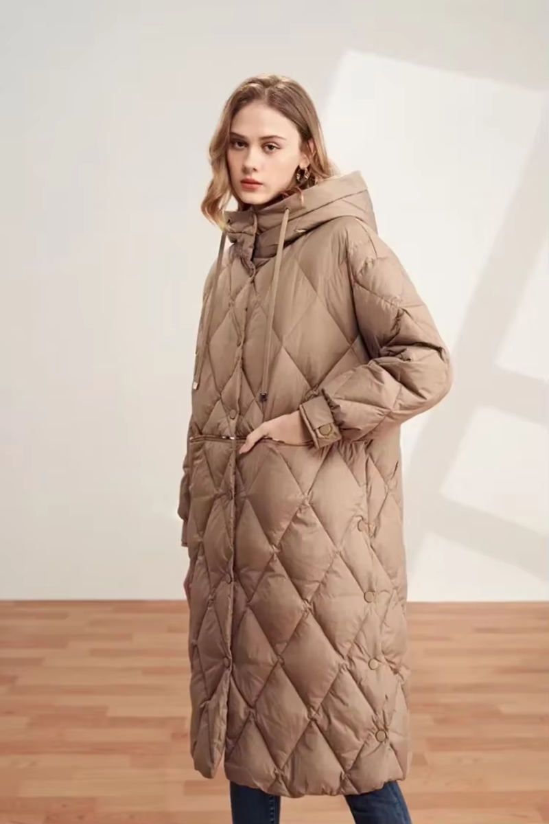 Manteau femme long à capuche avec doublure chauffante