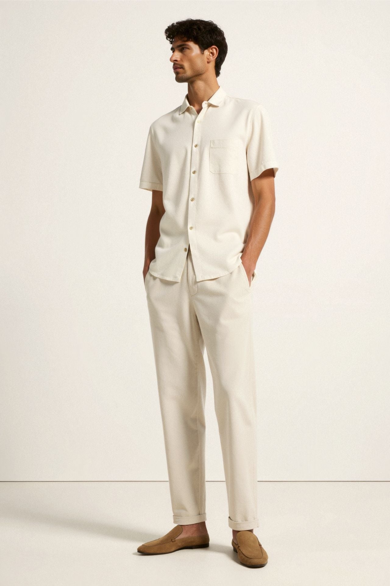 Pantalon Homme Beige Élastique avec Boutons de Ceinture