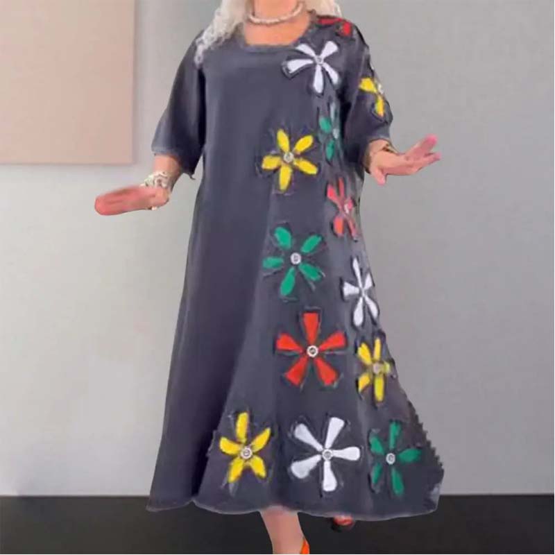 Robe Femme Coupe Ample Col Rond Décontractée Imprimé Floral