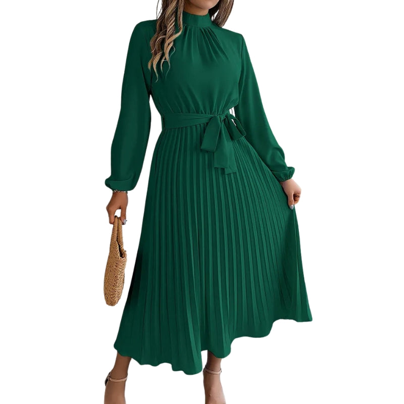 Robe Féminine Plissée à Manches Longues Taille Cintrée Élégante