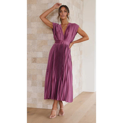 Robe Plissée Midi Élégante avec Décolleté Profond