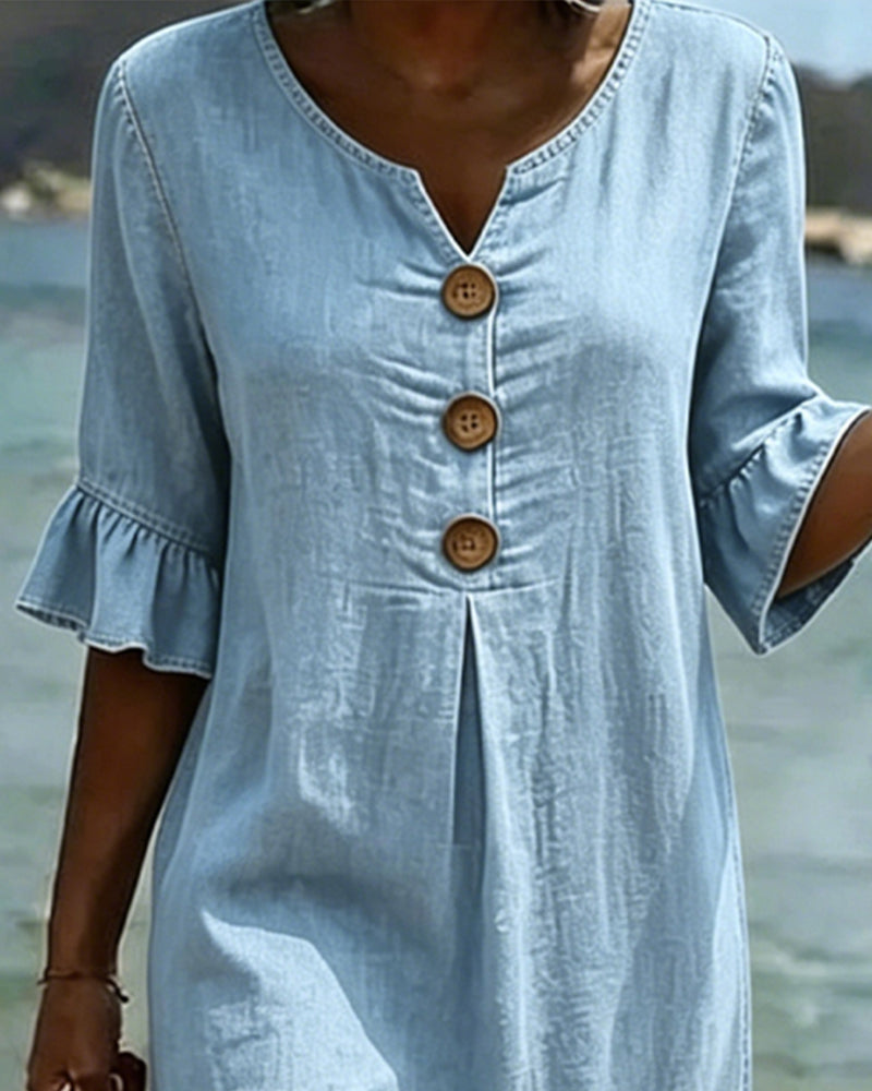Robe Femme Denim Fluide Manches Volantées Coupe Ample