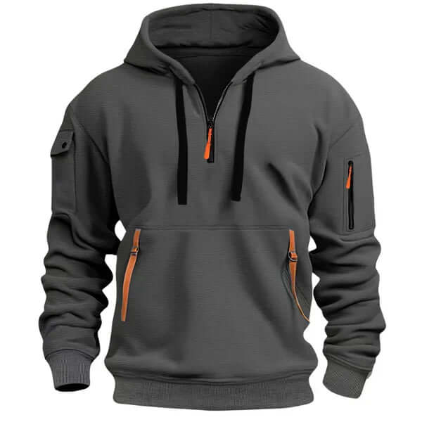 Sweat à capuche noir sport avec poches zippées et manches raglan ajustables