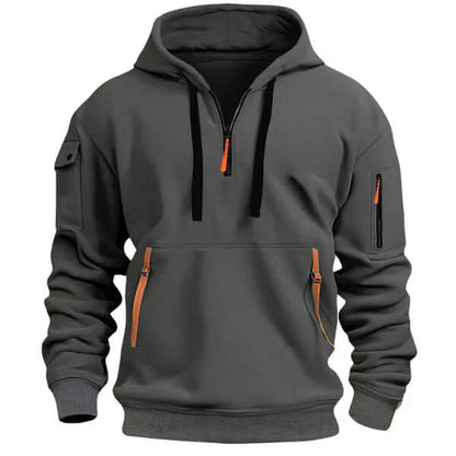 Sweat à capuche noir sport avec poches zippées et manches raglan ajustables