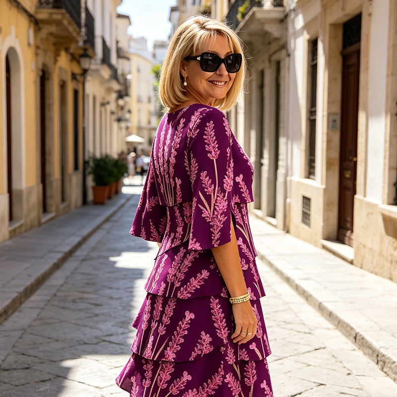 Robe Mi-Longue Femme Tissu Imprimé Volants Superposés Manches Fendues