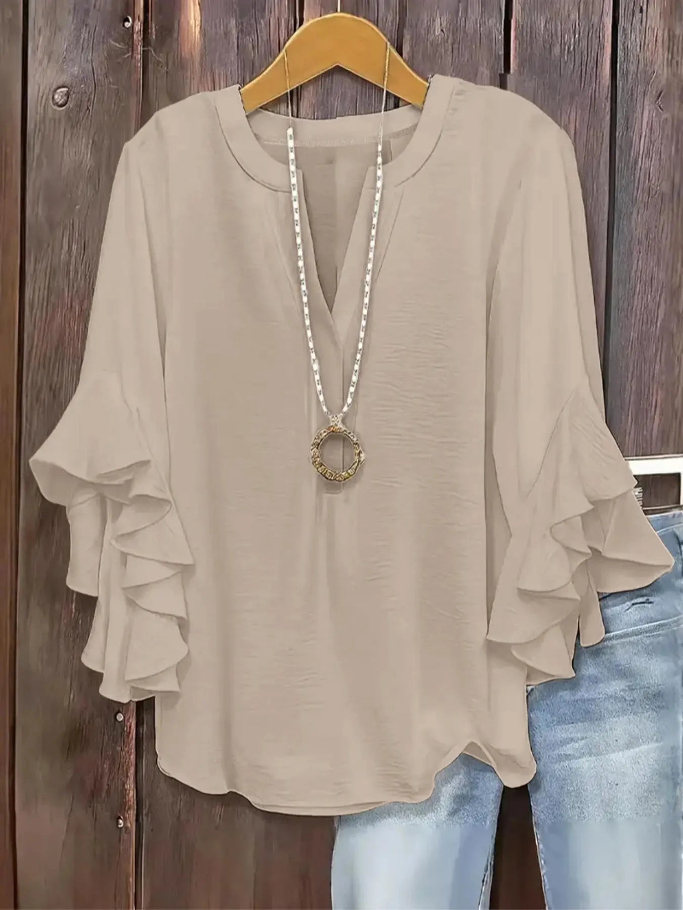 Blouse Femme Manches Volantées Col V Élégant