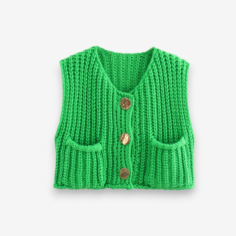 Gilet Femme Élégant Col V Boutons Dorés