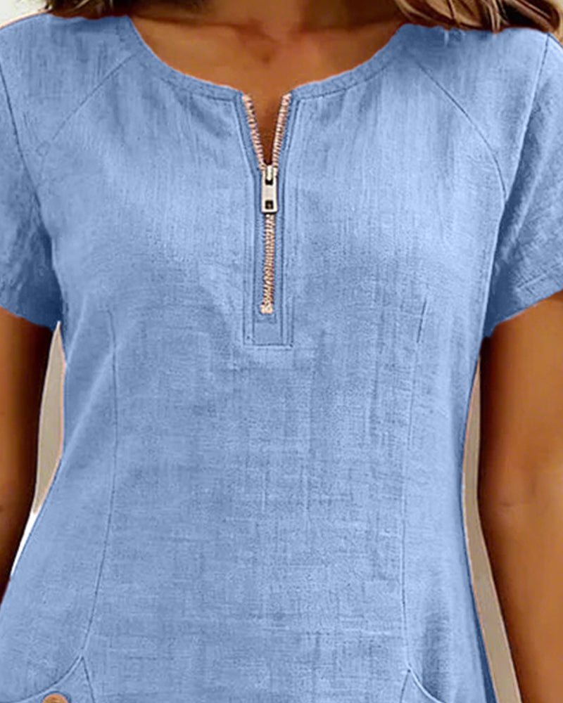 Robe Courte Femme Poches Col Zippé Moderne